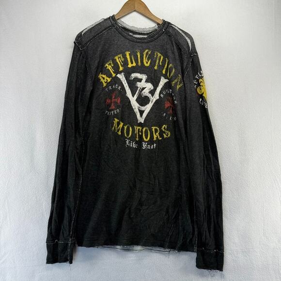 Affliction Shirt Mens large Gray Thermal Reversible Live Fast Graphic Grunge y2k - Picture 1 of 12